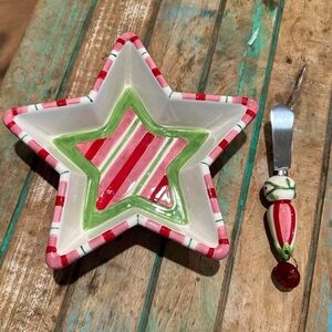 Fitz and Floyd Holiday Star Dip Bowl and Canape knife Set